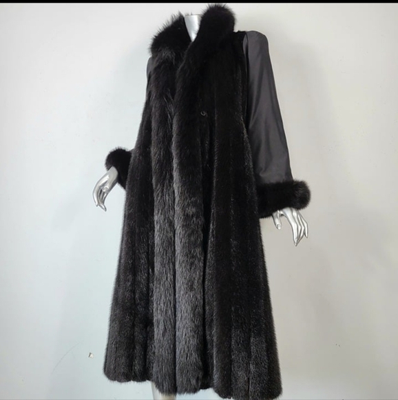 Black Ranch MINK Fur Coat with FOX Fur Trim! - Picture 7 of 12